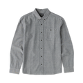 Gray chambray button-up shirt with long sleeves, chest pocket, and black buttons on flat lay display
