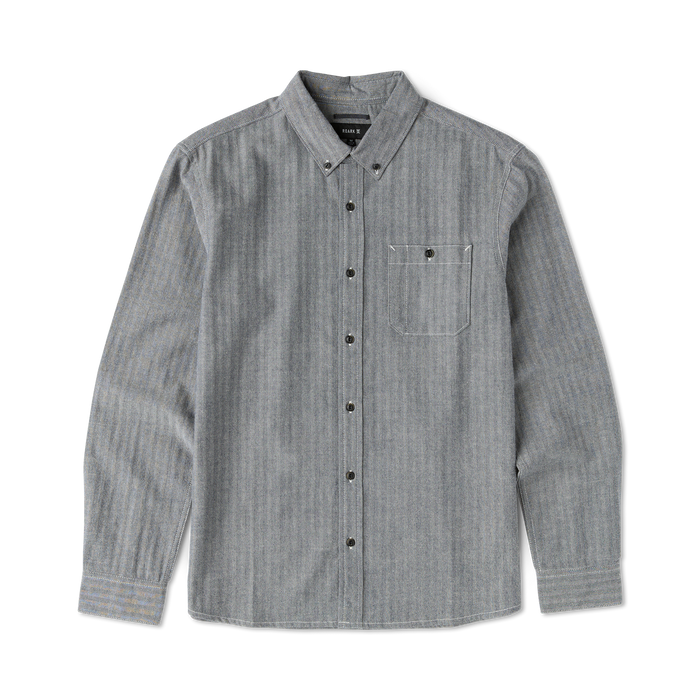 Gray chambray button-up shirt with long sleeves, chest pocket, and black buttons on flat lay display