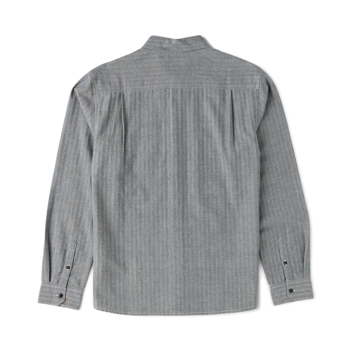 Grey chambray button-up shirt with long sleeves displayed flat lay against white background