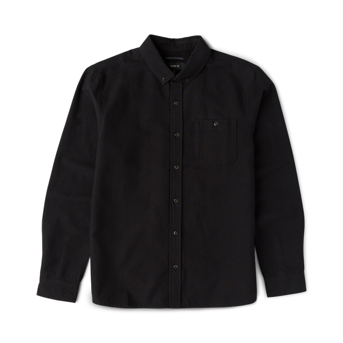 Black Scholar Chambray Button Up Shirt with long sleeves, chest pocket, and button-down collar displayed flat on white background