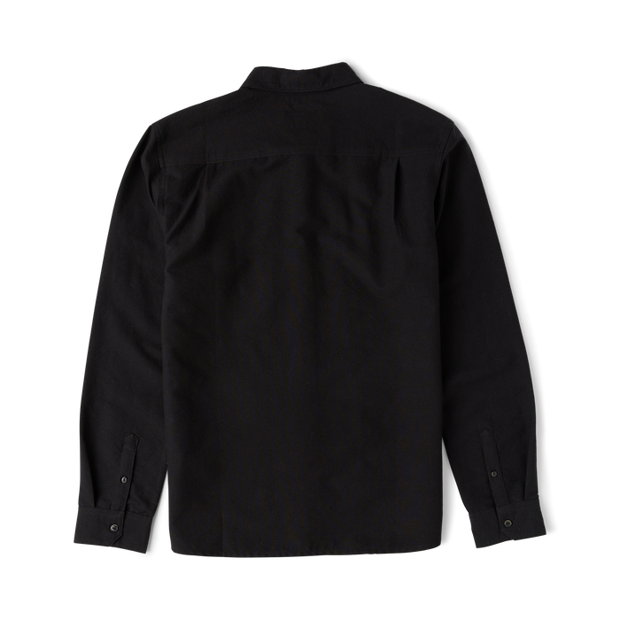 Black chambray button-up shirt displayed flat lay, showing back view with long sleeves and button cuffs