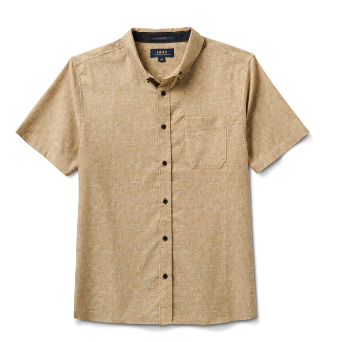 Roark Scholar Stretch Long Sleeve Button Up Shirt in Fern Green, showcasing a close-up of the shirt's back.