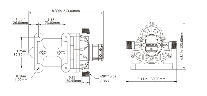 Seaflo Water Pump Technical Diagram - Dimensional Specifications | United RV Parts