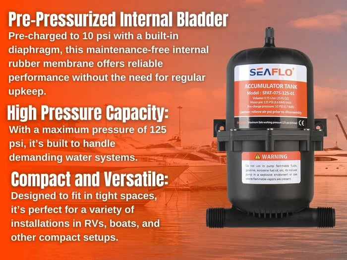 Seaflo Accumulator Tank SFAT-075-125-01 Pre-Pressurized Bladder Feature Callout - RV Water Pump | United RV Parts