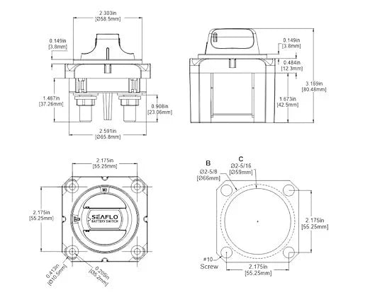 Seaflo SFCBS-300-202 Battery Disconnect Switch Dimension Diagram - Technical Drawing | United RV Parts
