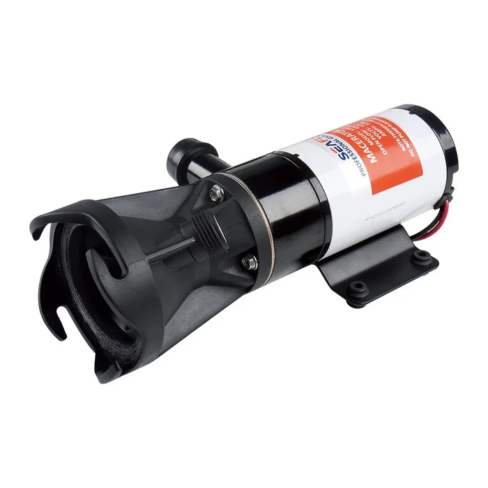 Black Seaflo RV Macerator Pump SFMP1-120-02 with Dump Outlet Adapter - Side Angle | United RV Parts