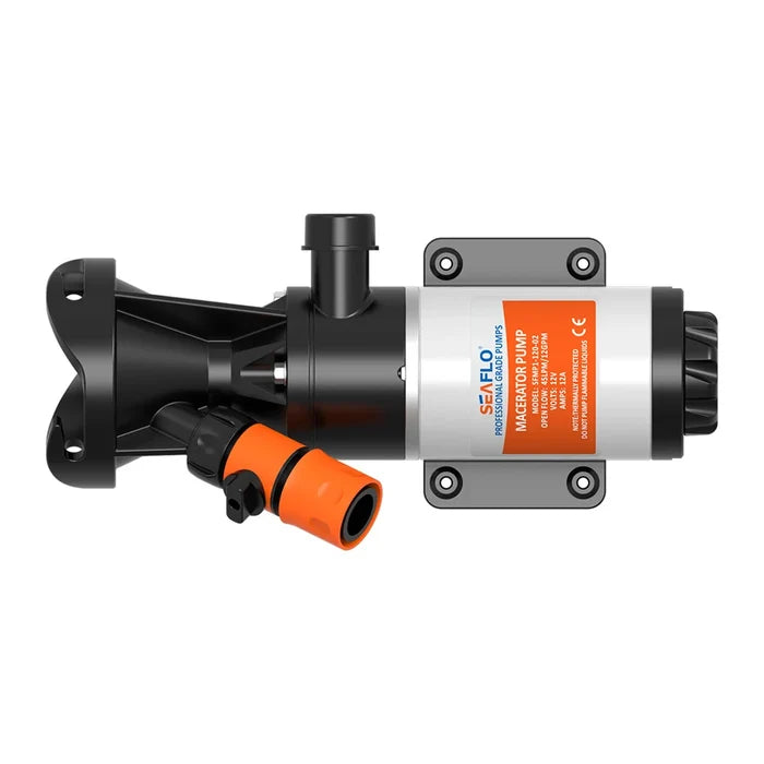 Seaflo 12V RV Macerator Pump SFMP1-120-02 with Orange Hose Connector - Front Profile | United RV Parts