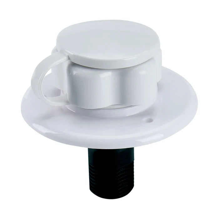 White Plastic RV Water Inlet SFWI1-03 - Angled Top View Showing Cap and Threaded Fitting | United RV Parts