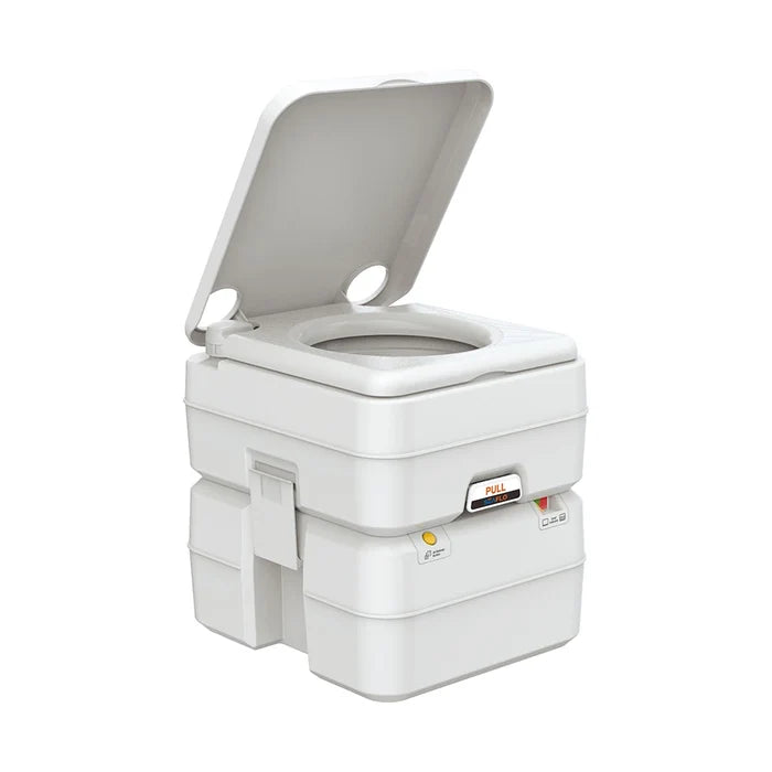 Light Grey Seaflo SFPT-20-02 Portable RV Toilet 5.3 Gallon - Lid Open Front Angle | United RV Parts