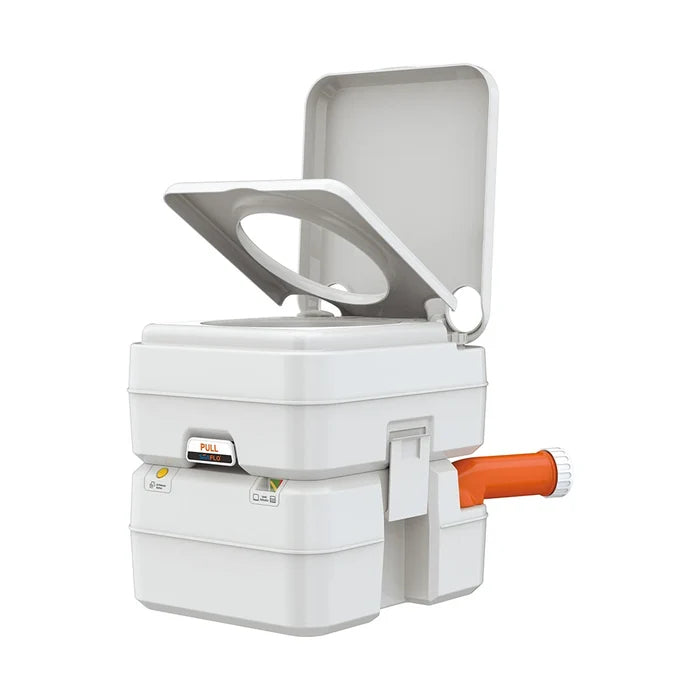 Seaflo SFPT-20-02 Portable Camping Toilet - Rear Angle Showing Orange Waste Drain Spout | United RV Parts