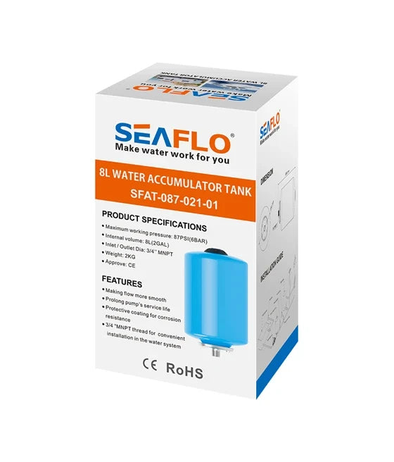 Seaflo SFAT-087-021-01 2 Gallon Water Accumulator Tank Retail Packaging with Specs - Box View | United RV Parts