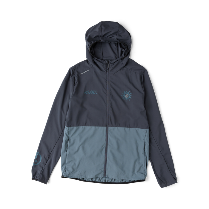 Roark Second Wind Jacket in ebony with gray color-block design and hood, displayed flat lay on white background