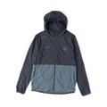 Roark Second Wind Jacket in ebony with gray color-block design and hood, displayed flat lay on white background