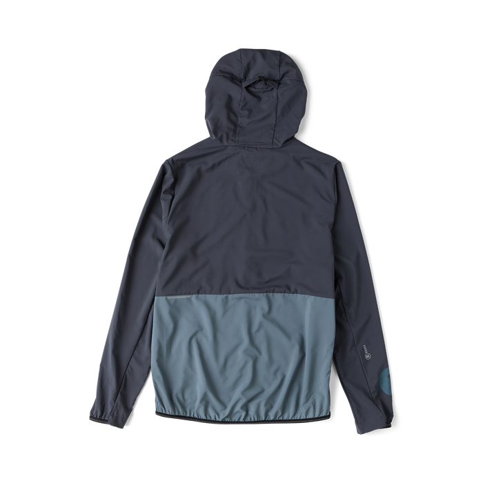 Second Wind Jacket in ebony with navy upper body and gray-blue lower panel, shown from back on flat lay