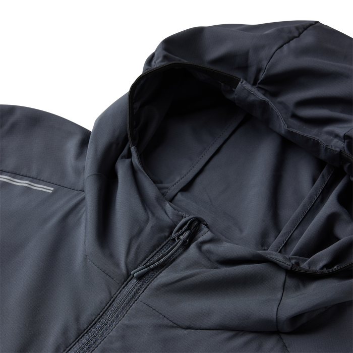 Black Second Wind Jacket in Ebony, showing open hood and front zip detail on folded fabric