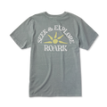 Gray short-sleeve tee with Seek & Explore Roark text and yellow sun graphic printed on back center chest area