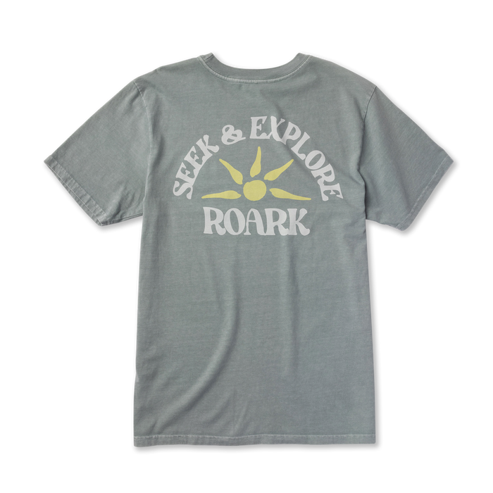Gray short-sleeve tee with Seek & Explore Roark text and yellow sun graphic printed on back center chest area