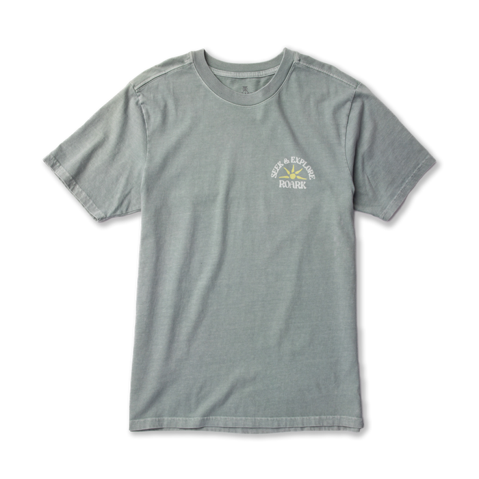 Sage green short-sleeve tee with Seek & Explore Roark graphic and sun logo on chest, flat lay view