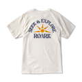 Cream colored short sleeve tee with Seek & Explore Roark graphic featuring navy text and yellow sun icon on back