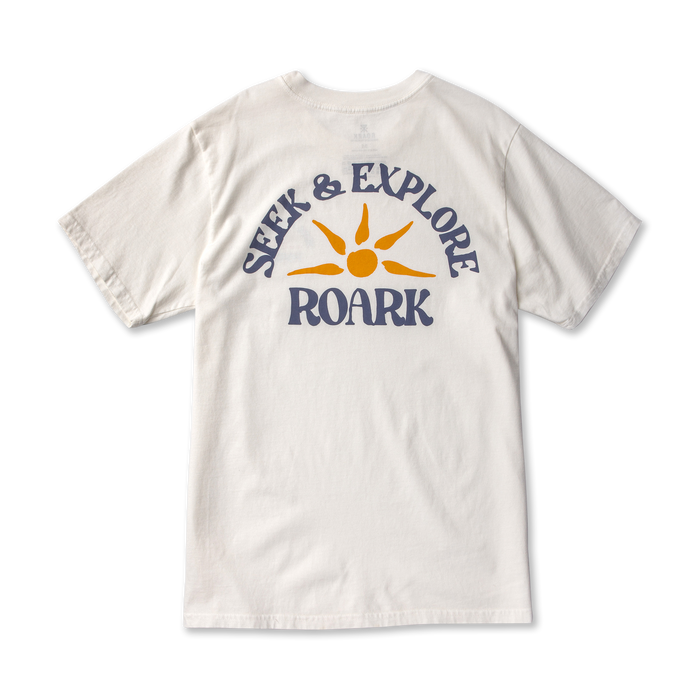 Cream colored short sleeve tee with Seek & Explore Roark graphic featuring navy text and yellow sun icon on back