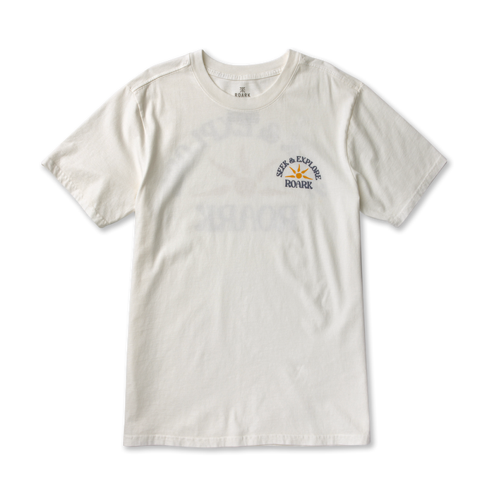 Cream colored short-sleeve t-shirt with Seek and Explore Roark logo embroidered on chest, flat lay view