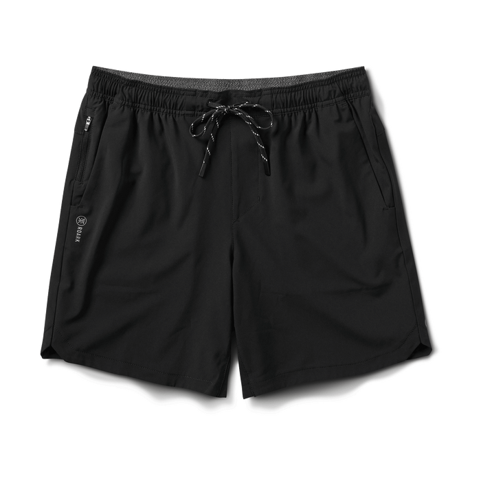 Front view of the Serrano athletic shorts in black, featuring a lightweight design with an elastic waistband, drawstring closure, and slash pockets. Perfect for running, workouts, or casual outings.