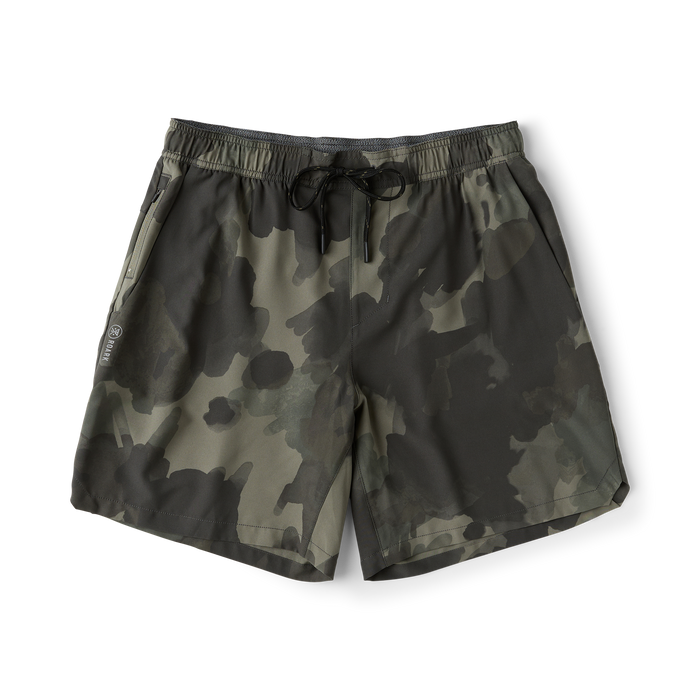 Serrano camo active shorts in olive and black camouflage print, displayed flat with drawstring and elastic waistband visible