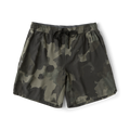Serrano camo active shorts in olive and black camouflage print, displayed flat with drawstring and elastic waistband visible