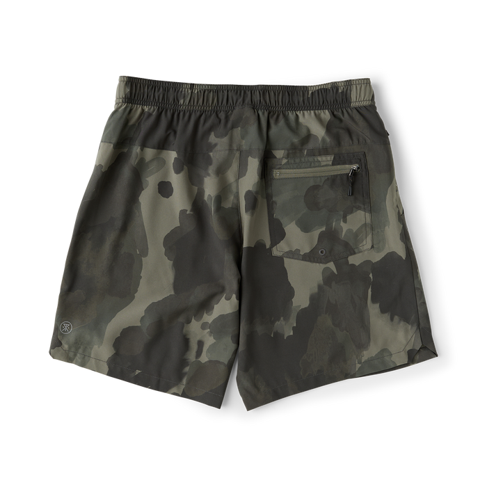 Serrano camo active stretch shorts with elastic waistband and back zip pocket, flat lay view against white background