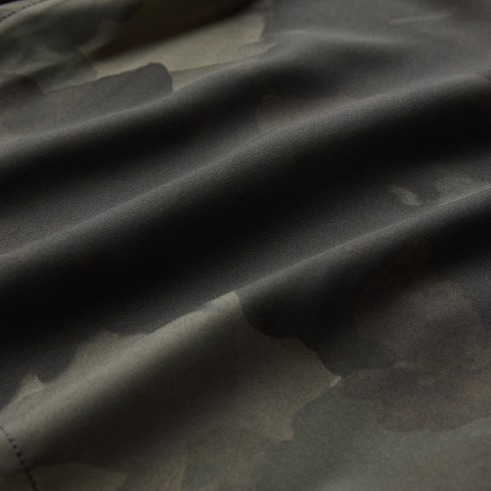 Serrano Active Stretch Shorts in camo, detail shot of fabric texture and drape