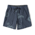 Serrano seven-inch active stretch shorts in ebony navy with tonal celestial and tropical graphic print, flat lay view