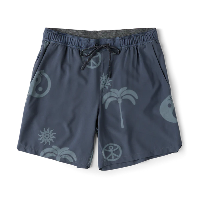 Serrano seven-inch active stretch shorts in ebony navy with tonal celestial and tropical graphic print, flat lay view