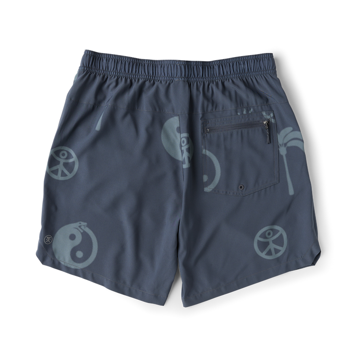 Ebony Serrano 7" Active Stretch Shorts with tonal peace and yin-yang print, flat lay view showing back pocket and elastic waistband