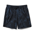 Front view of navy tie-dye swim shorts featuring subtle blue patterns, designed for a bold and stylish summer look.