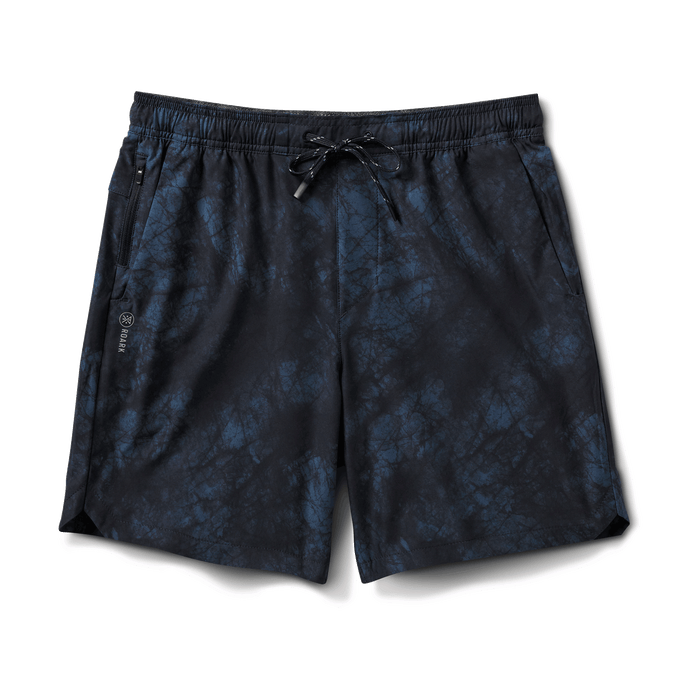 Front view of navy tie-dye swim shorts featuring subtle blue patterns, designed for a bold and stylish summer look.