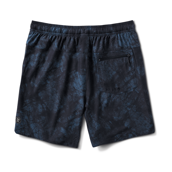 Back view of navy tie-dye swim shorts with a minimalist design and functional zipper pocket, ideal for versatile outdoor activities.