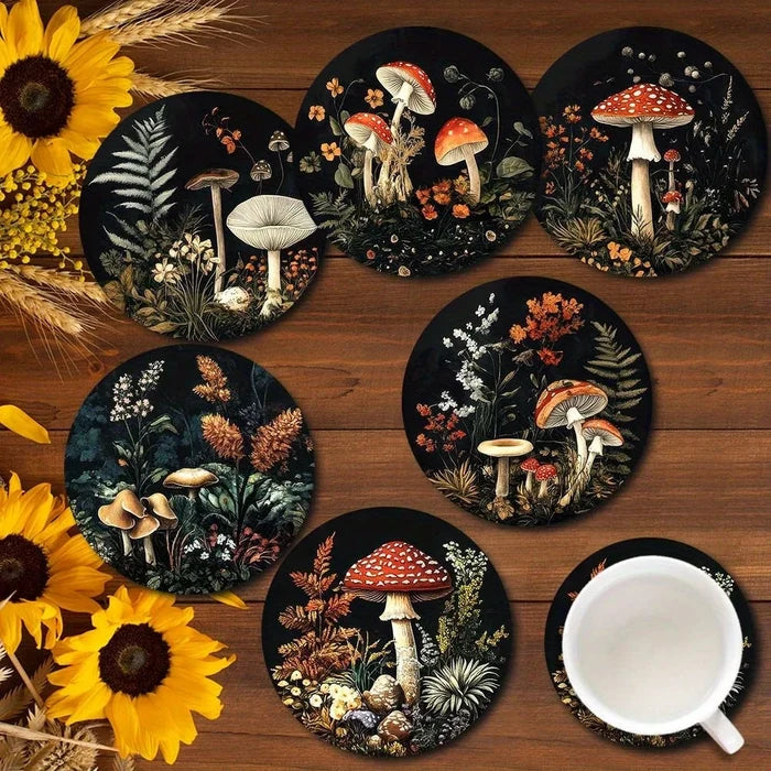 Set of 6 2D Mushroom Theme Pattern Art Coasters Round Wooden Heat-Resistant Non-Slip Home Decor