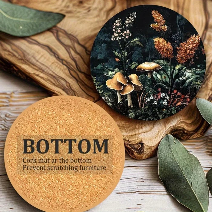 Set of 6 2D Mushroom Theme Pattern Art Coasters Round Wooden Heat-Resistant Non-Slip Home Decor