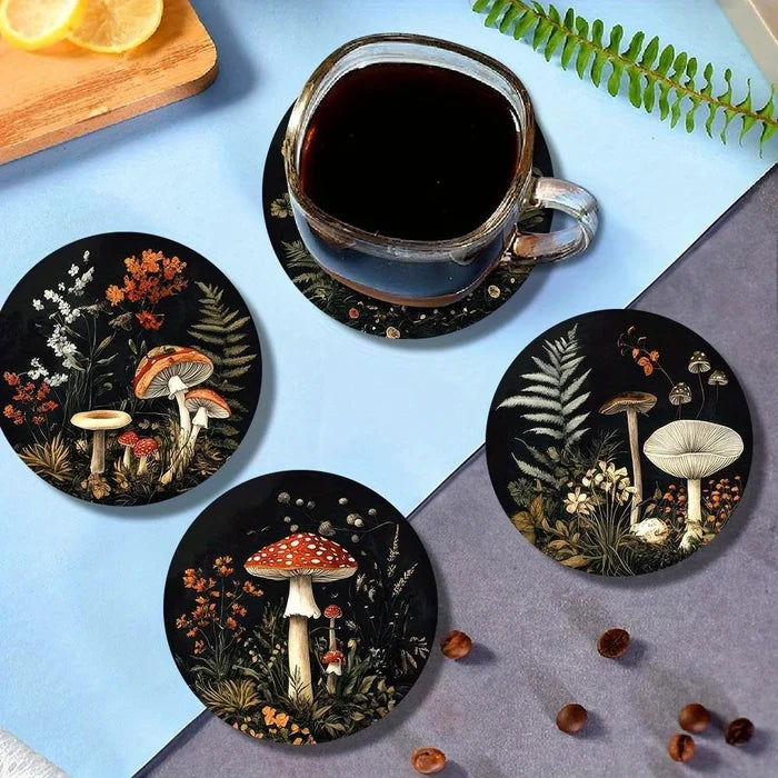 Set of 6 2D Mushroom Theme Pattern Art Coasters Round Wooden Heat-Resistant Non-Slip Home Decor