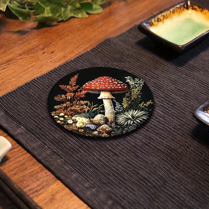 Set of 6 2D Mushroom Theme Pattern Art Coasters Round Wooden Heat-Resistant Non-Slip Home Decor