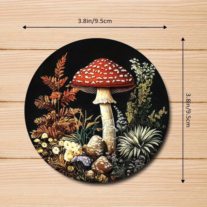 Set of 6 2D Mushroom Theme Pattern Art Coasters Round Wooden Heat-Resistant Non-Slip Home Decor