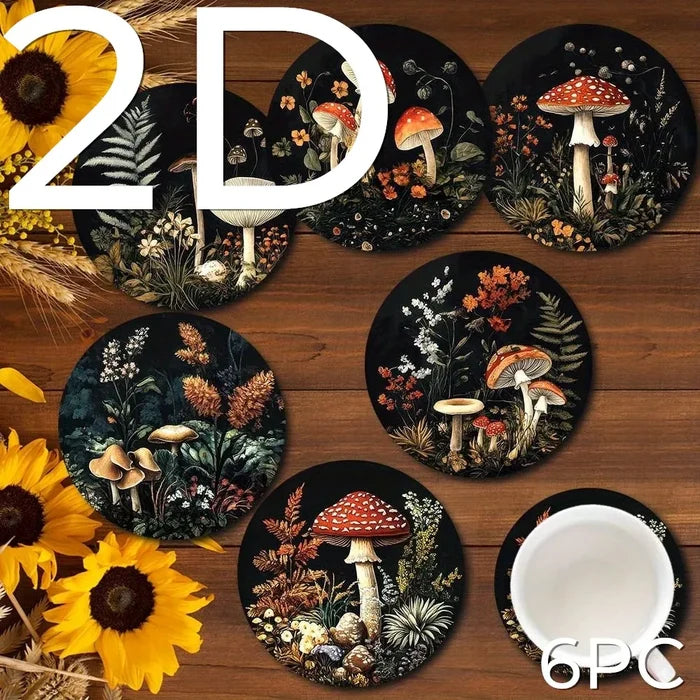 Set of 6 2D Mushroom Theme Pattern Art Coasters Round Wooden Heat-Resistant Non-Slip Home Decor