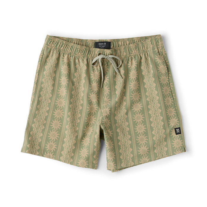 Shorey 16" trunks in dusty sage with geometric and sun print pattern, featuring drawstring waist and small logo patch on leg