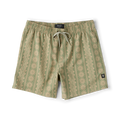 Shorey 16" trunks in dusty sage with geometric and sun print pattern, featuring drawstring waist and small logo patch on leg