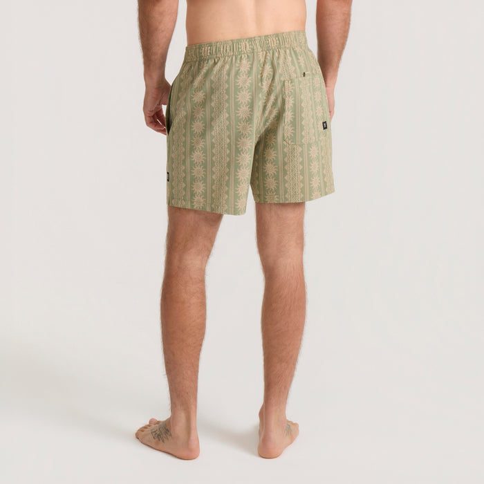 Shorey 16" Trunks in dusty sage with tan geometric pattern, worn by model shown from behind at waist level