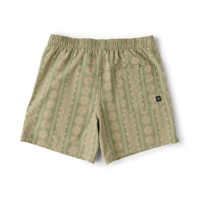 Sage green Shorey 16" trunks with tan ornamental stripe and sun pattern, flat lay back view