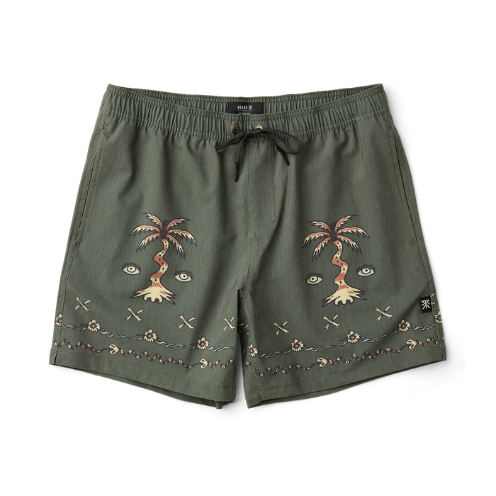 Collection of Roark Bermuda shorts, boardshorts, and trunks designed for adventure and travel, displayed in a serene outdoor setting.