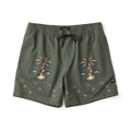 Collection of Roark Bermuda shorts, boardshorts, and trunks designed for adventure and travel, displayed in a serene outdoor setting.