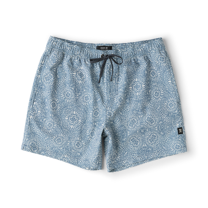 Slate Shorey boardshorts with white sunflower and geometric print, drawstring waist, and small brand logo on leg