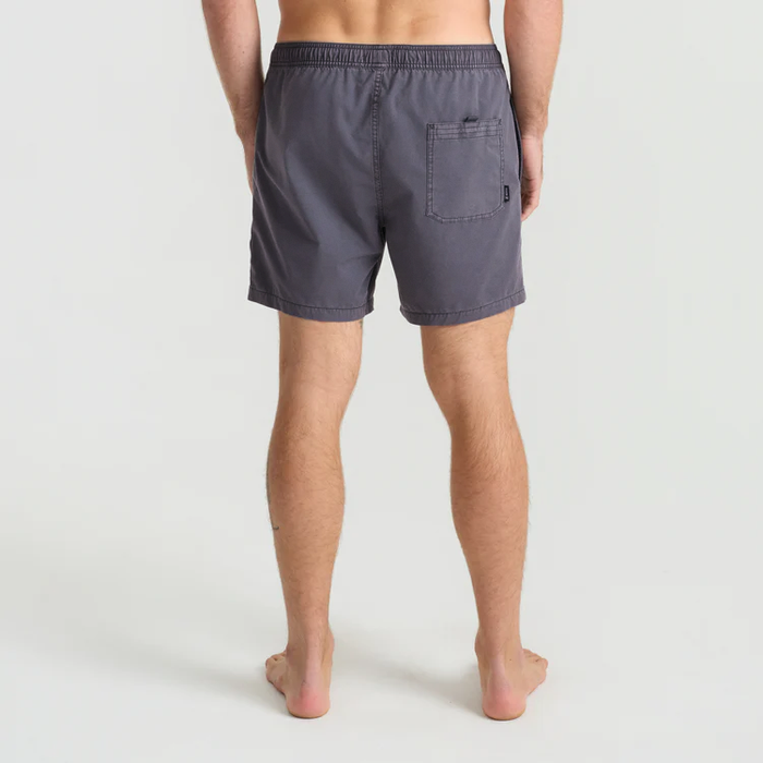 Charcoal gray Shorey 16" trunks with back pocket, shown on male model from behind against white background